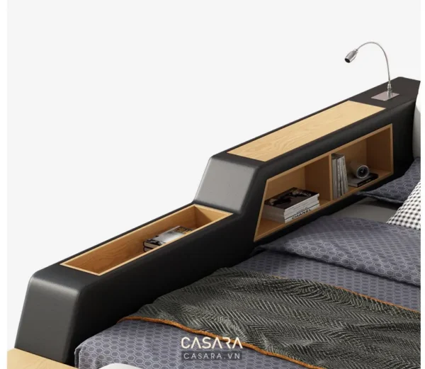 Giường ngủ hiện đại với thiết kế đầu giường tích hợp nhiều ngăn chứa đồ.