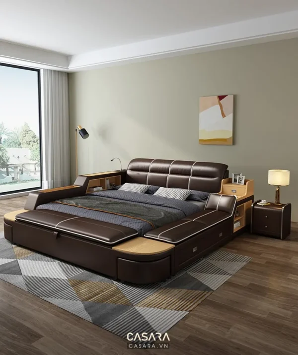 Giường ngủ hiện đại, sang trọng với thiết kế tinh tế, màu sắc ấm áp.