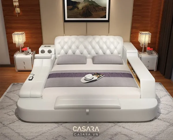 Giường ngủ hiện đại, thiết kế sang trọng với màu trắng chủ đạo.