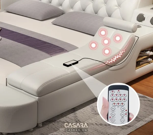 Ghế sofa massage cao cấp, trắng tinh tế với điều khiển từ xa.