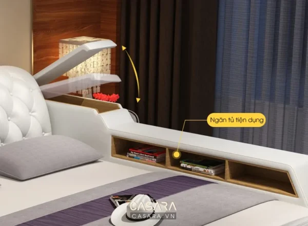 Sofa góc trắng tinh tế, tích hợp ngăn kéo tiện dụng hiện đại.