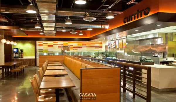 Nhà hàng Casara VN với không gian ấm cúng, hiện đại và màu sắc nổi bật.
