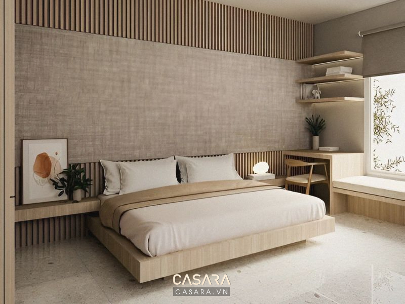 Phòng ngủ Japandi với giường gỗ thấp tủ áo sáng màu và rèm linen