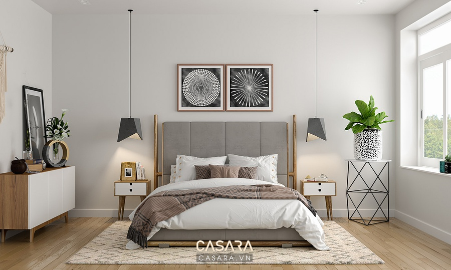 Phòng ngủ con gái phong cách Scandinavian với giường gỗ sáng, tường trắng ấm, bàn học nhỏ, kệ sách mở, rèm vải mỏng và thảm dệt pastel