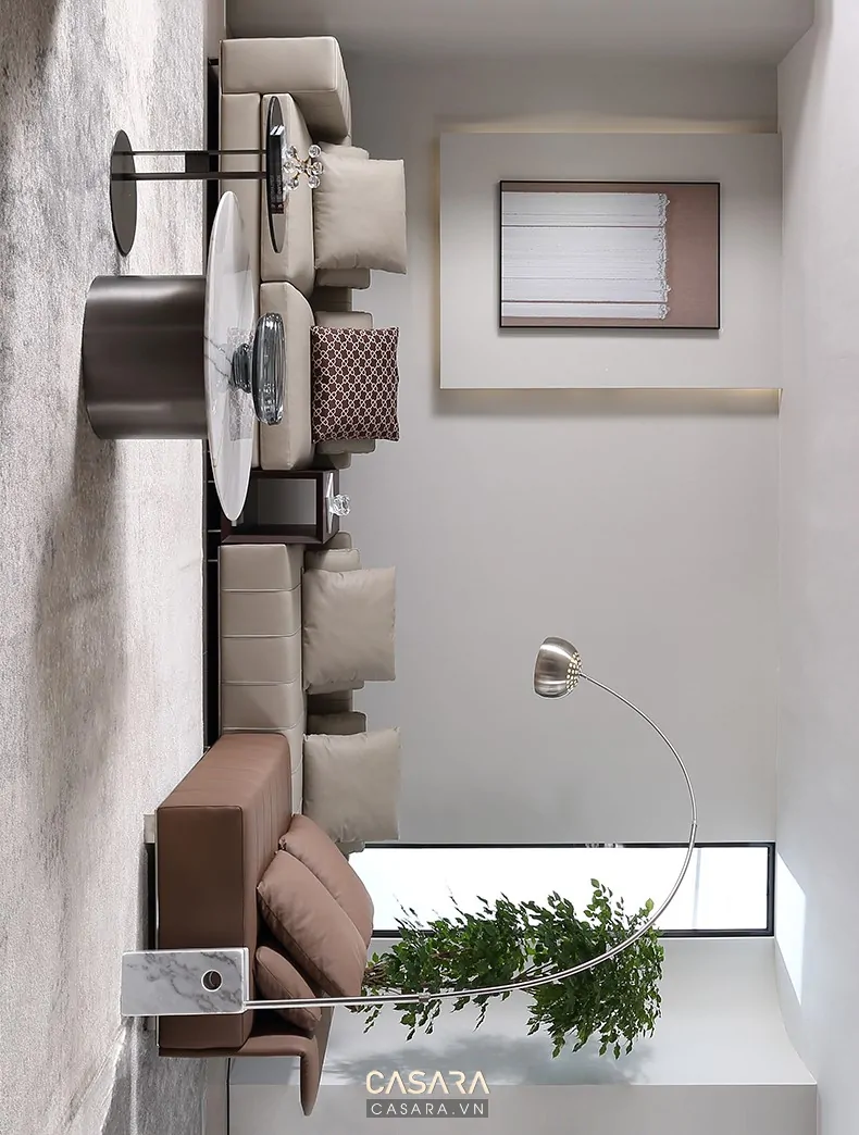 Mẫu phòng khách căn hộ phối tường greige nâu khói với sofa be và đá vân nhẹ
