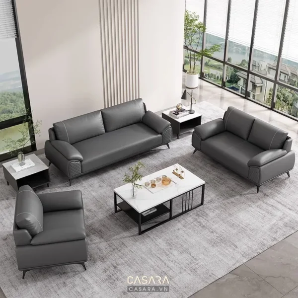 Phòng khách hiện đại với bộ sofa da xám sang trọng, tinh tế.