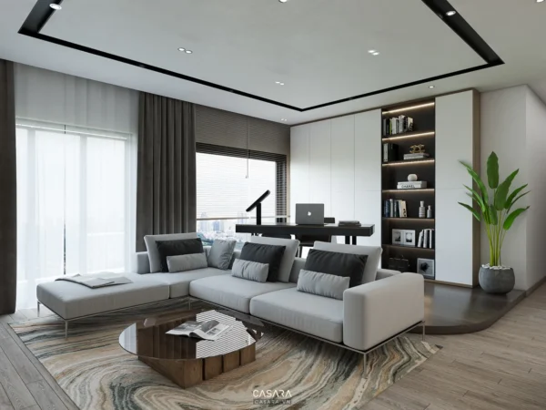 Phòng khách hiện đại, sang trọng với nội thất tối giản, tinh tế.
