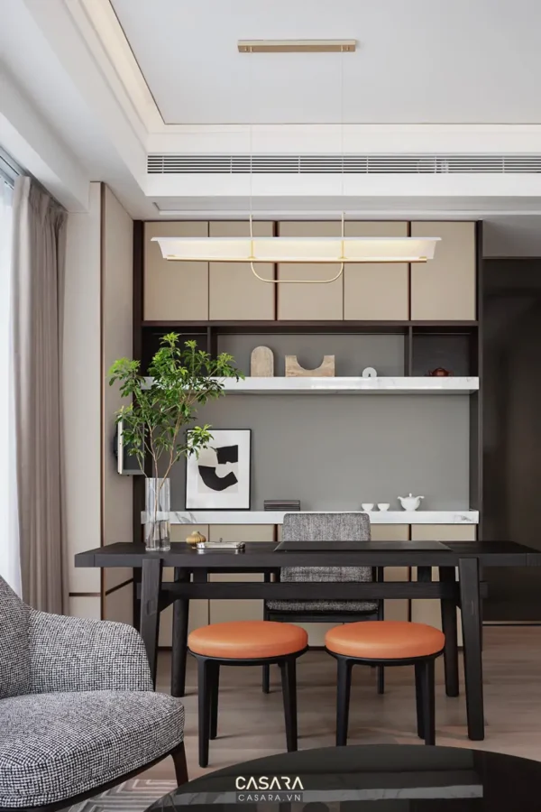 Góc ăn uống hiện đại, tối giản với màu sắc trung tính ấm áp.