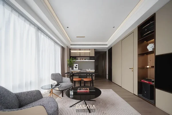 Phòng khách hiện đại, tối giản với tông màu trung tính ấm áp.