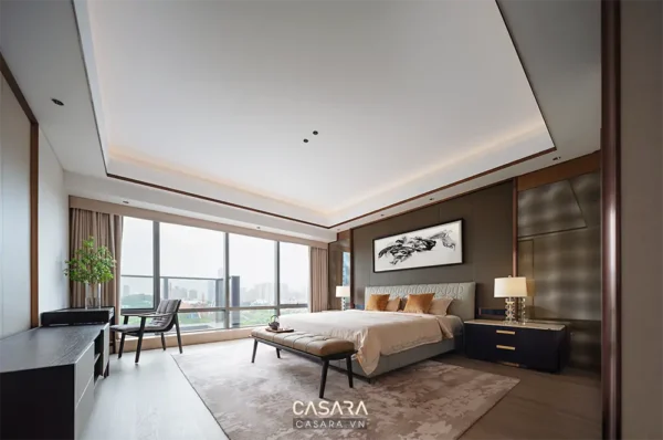 Phòng ngủ sang trọng, hiện đại với cửa sổ lớn nhìn ra thành phố.