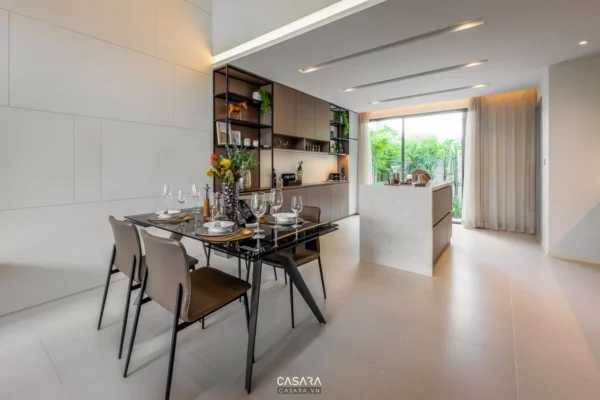 Phòng ăn bếp hiện đại, tối giản với nội thất sang trọng, tinh tế.