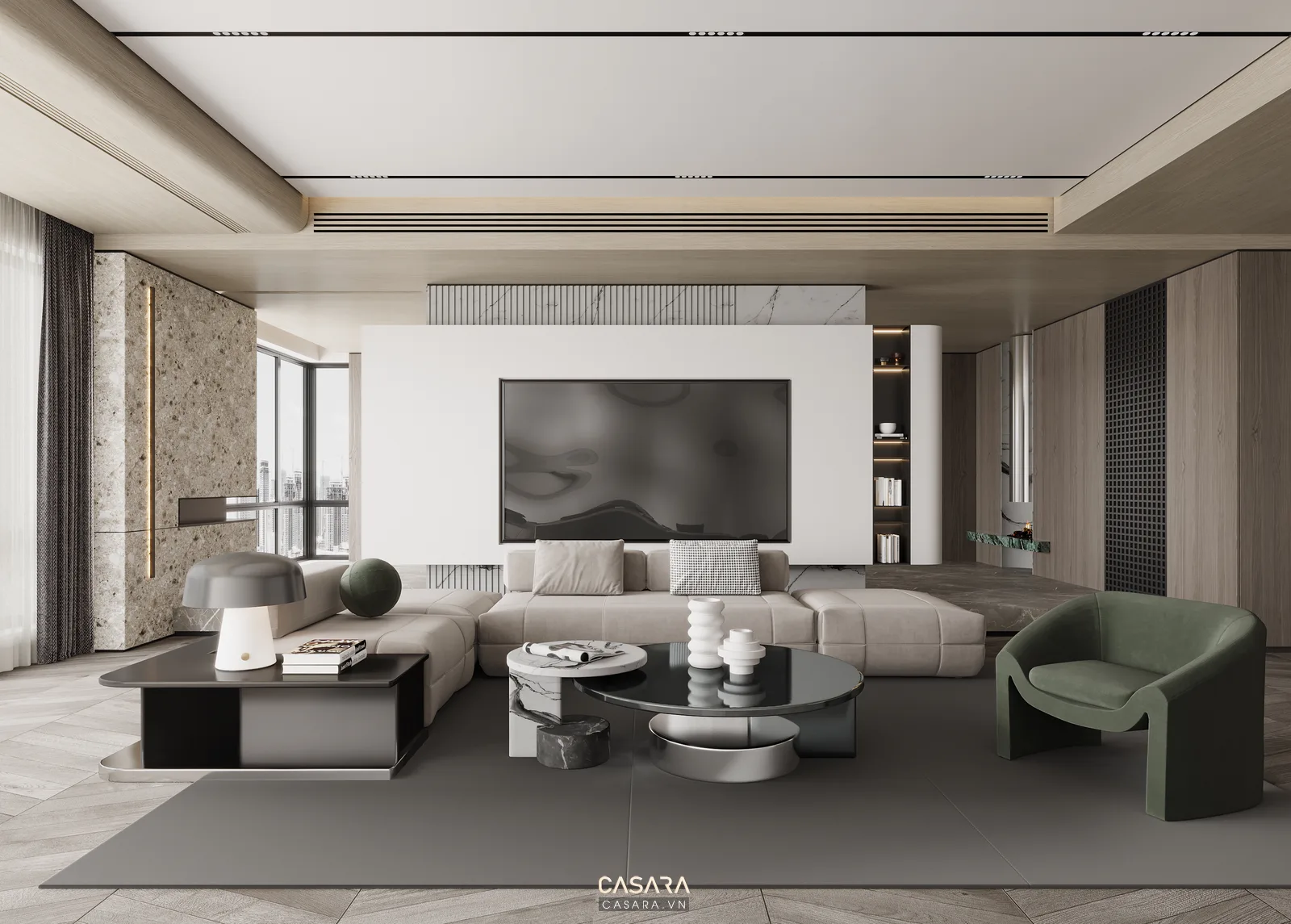 Mẫu thiết kế nội thất phòng khách nhà đẹp hiện đại với sofa và kệ tivi