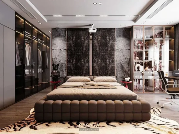 Phòng ngủ sang trọng với tông màu trung tính, nội thất hiện đại và thiết kế tinh tế.