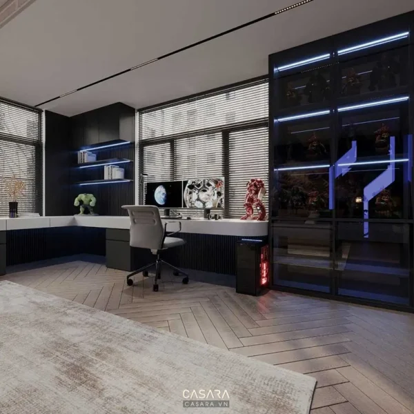 Phòng làm việc hiện đại, ánh sáng xanh tạo điểm nhấn sang trọng.