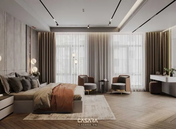 Phòng ngủ hiện đại, tông màu trung tính ấm áp, ánh sáng dịu nhẹ.