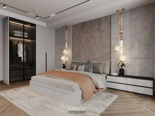 Phòng ngủ hiện đại, sang trọng với tone màu trung tính ấm áp.