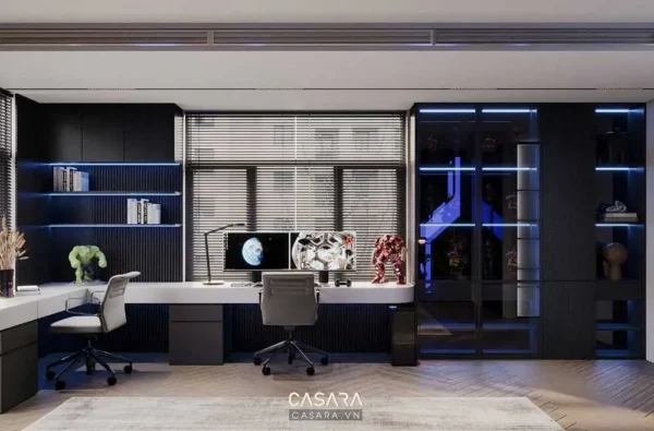 Phòng làm việc hiện đại, tối giản với nội thất đen trắng tinh tế.