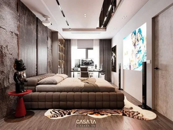 Phòng ngủ hiện đại với giường lớn và nội thất tối màu sang trọng.