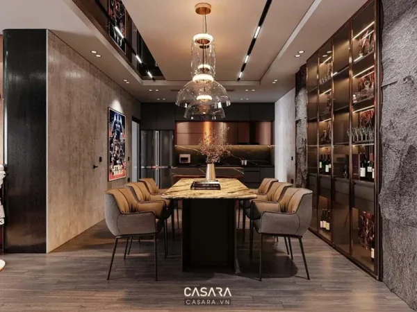 Phòng ăn hiện đại, sang trọng với nội thất gỗ và ánh sáng ấm áp.
