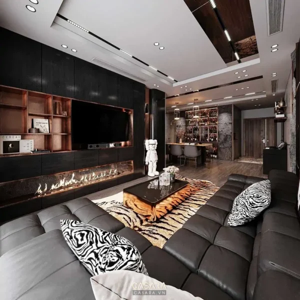 Phòng khách hiện đại, sang trọng với tông màu đen và nâu chủ đạo.