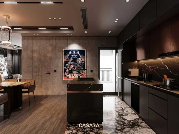 Phòng bếp hiện đại với đảo bếp lớn, tranh Darth Vader ấn tượng.