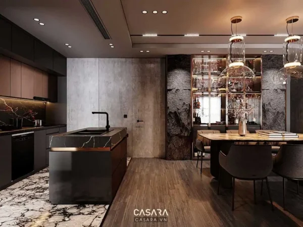 Phòng bếp - ăn hiện đại, sang trọng với tông màu đen, xám chủ đạo.
