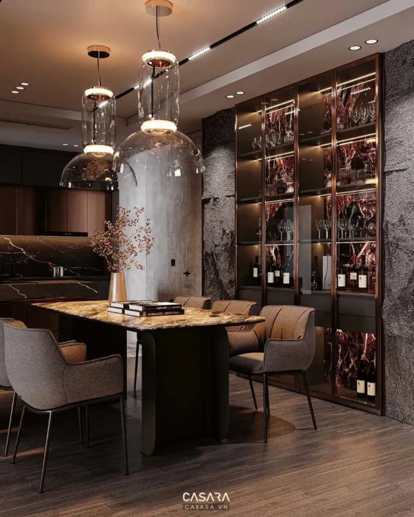 Phòng ăn hiện đại, sang trọng với nội thất tinh tế, ánh sáng ấm áp.