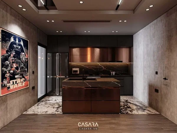 Phòng bếp hiện đại với tông màu trầm ấm, điểm nhấn poster Star Wars.