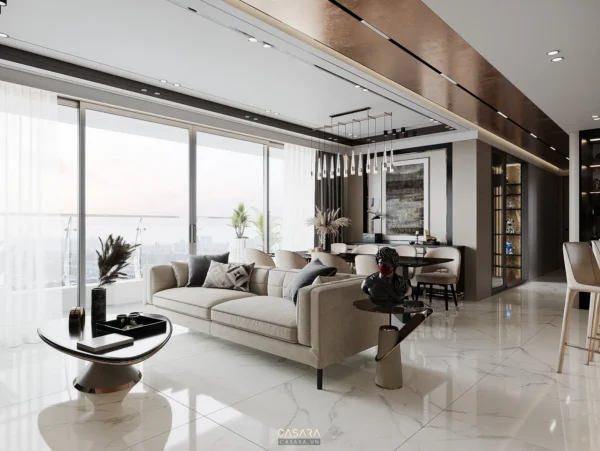 Phòng khách hiện đại, sang trọng với cửa kính lớn và nội thất tinh tế.