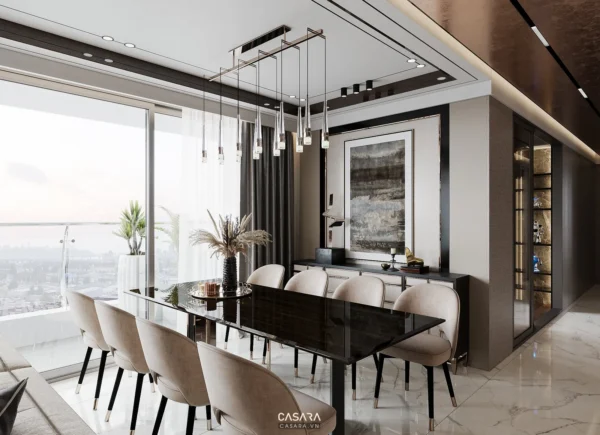 Phòng ăn sang trọng với cửa kính lớn và nội thất hiện đại.