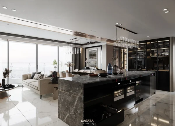 Phòng bếp - phòng khách hiện đại, sang trọng với tông màu trung tính.