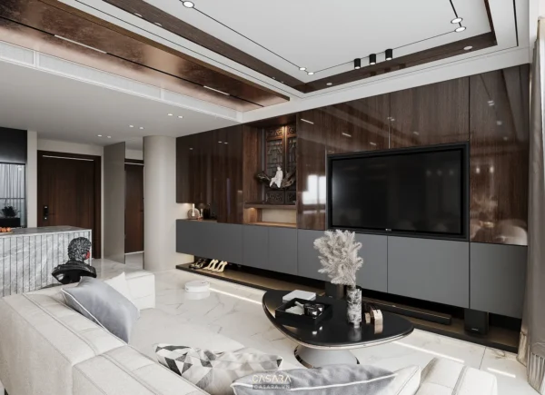 Phòng khách hiện đại, sang trọng với TV lớn và nội thất tinh tế.