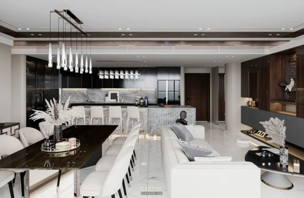 Phòng khách bếp hiện đại, sang trọng với tông màu trắng, đen chủ đạo.