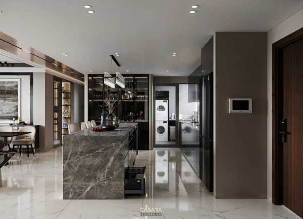 Phòng bếp - phòng ăn hiện đại, sang trọng với tông màu trung tính.