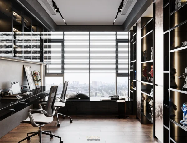 Phòng làm việc hiện đại, sang trọng với view thành phố rộng lớn.