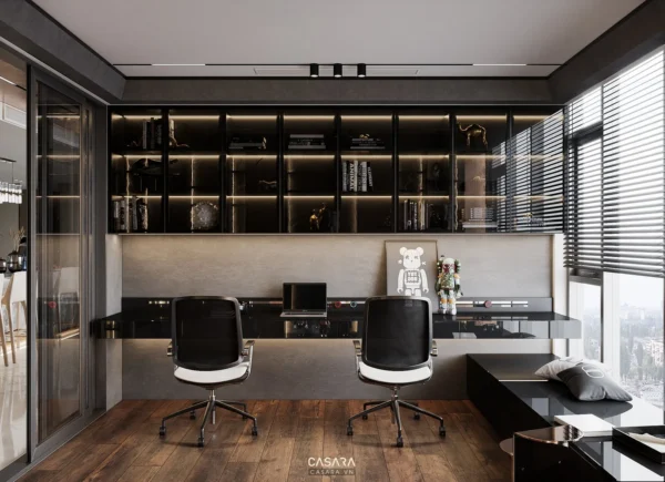 Phòng làm việc hiện đại, sang trọng với kệ sách đen và ánh sáng ấm áp.