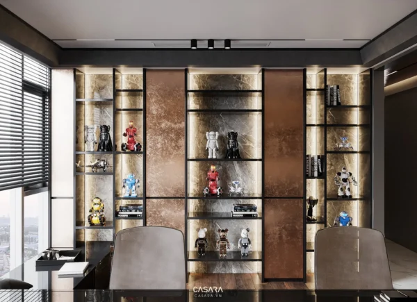 Phòng làm việc sang trọng với kệ sách trang trí độc đáo.