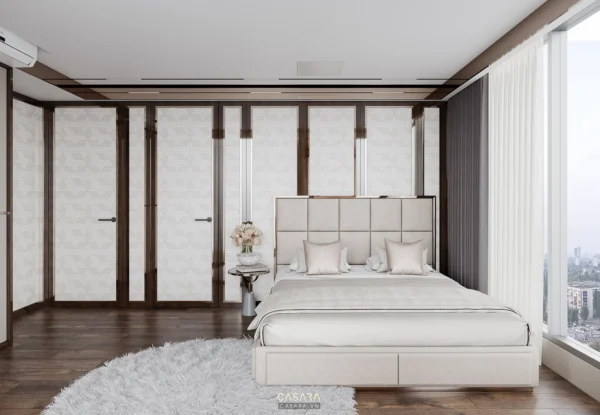 Phòng ngủ sang trọng, hiện đại với tông màu trắng chủ đạo và nội thất tinh tế.