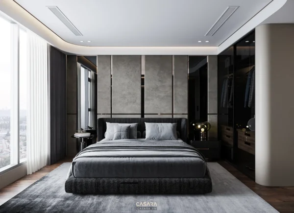 Phòng ngủ hiện đại, sang trọng với tông màu xám chủ đạo.