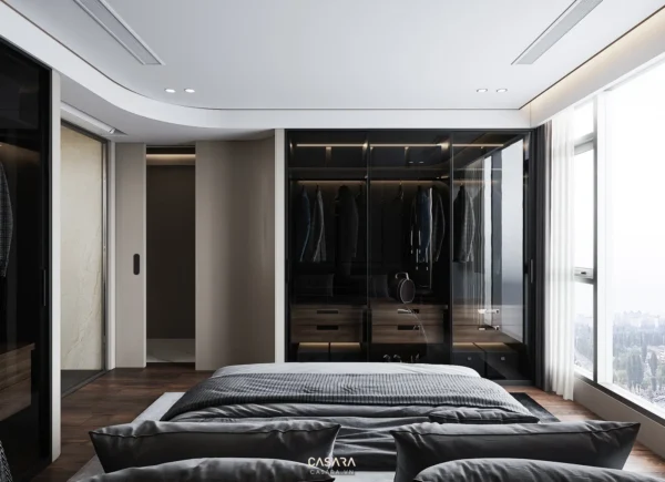 Phòng ngủ hiện đại, sang trọng với tủ quần áo âm tường lớn.