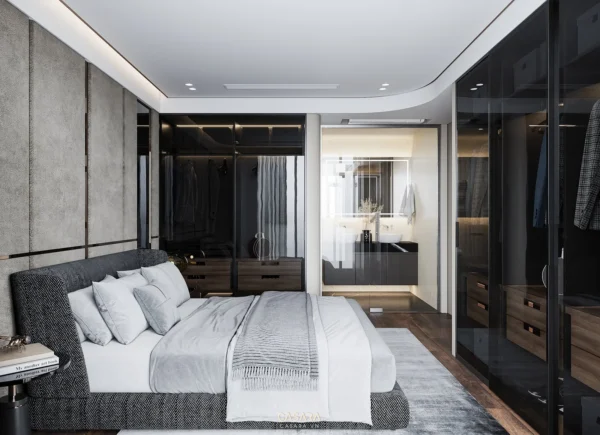 Phòng ngủ hiện đại, sang trọng với tủ quần áo âm tường lớn.