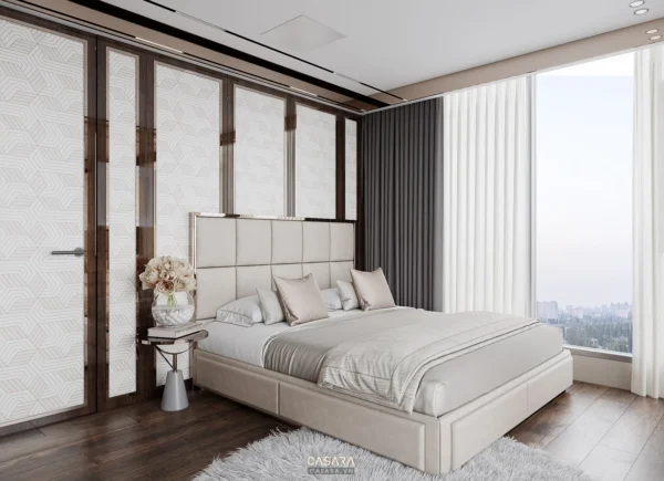 Phòng ngủ sang trọng với cửa kính lớn, ánh sáng dịu nhẹ.