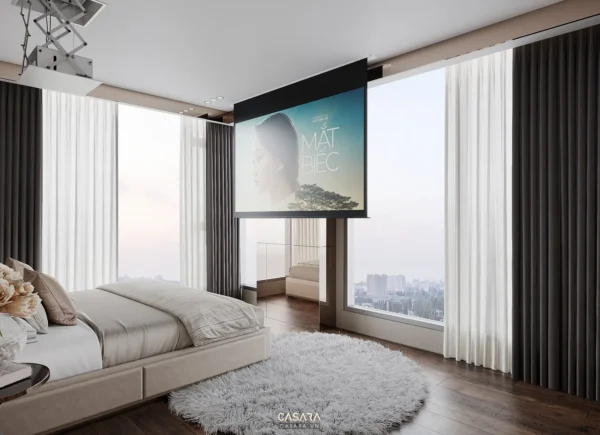 Phòng ngủ hiện đại, rèm cửa lớn, máy chiếu và giường thoải mái.