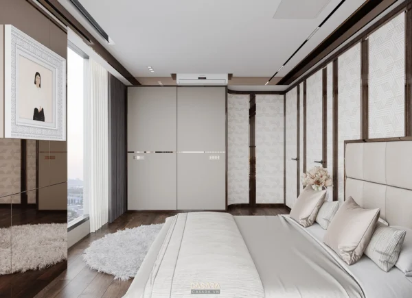 Phòng ngủ hiện đại, sang trọng với tông màu trung tính ấm áp.