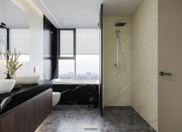 Phòng tắm hiện đại, sang trọng với bồn tắm và vòi sen kính.