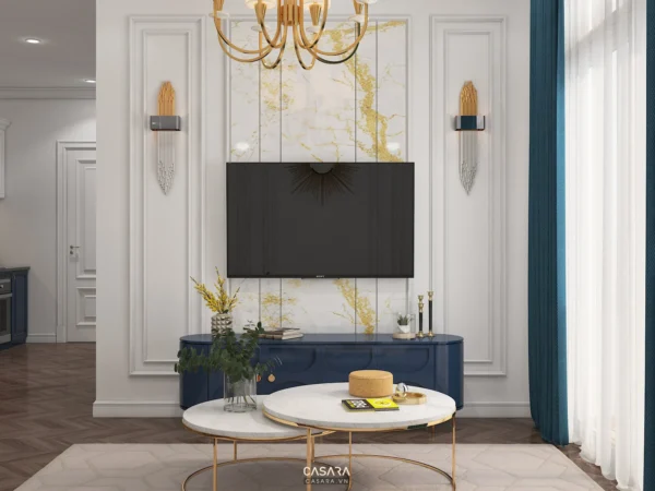Phòng khách hiện đại, sang trọng với TV lớn và nội thất tinh tế.