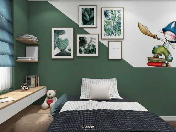 Phòng ngủ trẻ em trang trí xanh mát, hiện đại với nhiều tranh ảnh.