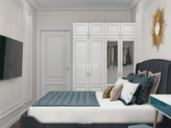 Phòng ngủ hiện đại, sang trọng với tông màu trắng chủ đạo.