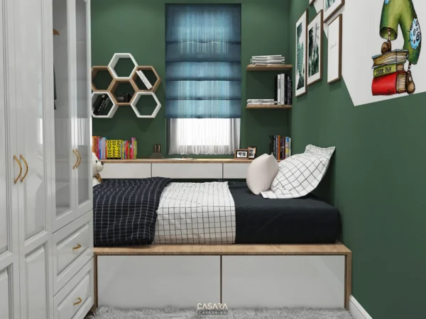 Phòng ngủ nhỏ gọn, hiện đại với tông màu xanh lá chủ đạo.