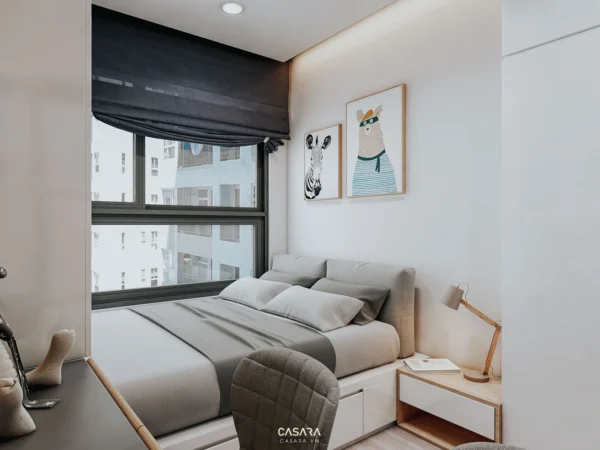 Phòng ngủ tối giản, ánh sáng dịu nhẹ, thiết kế hiện đại và ấm cúng.